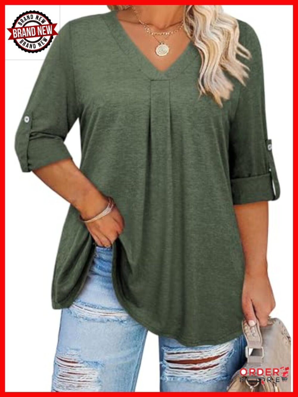 Plus Size V-Neck Tunic Top 3/4 Sleeve Blouse for Women